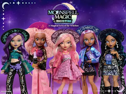 Moonspell Magic by Monster High Dolls in a row on a colourful background.