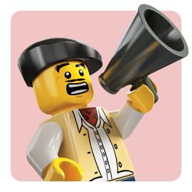 LEGO figure with mega phone on a light pink background