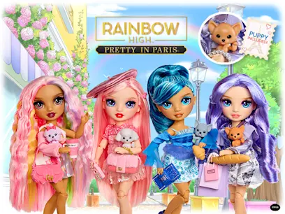 Rainbow High Pretty In Paris Dolls on a brightly coloured parisian themed background.