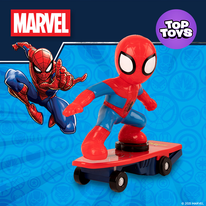 Spider-Man remote control skateboard set that includes a poseable Spider-Man action figure and controller