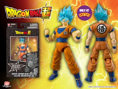 Dragon Ball Super Dragon Stars Super Saiyan Blue Goku action figure, shown from the front and back with blue hair, an orange and blue outfit, interchangeable hands and retail packaging. Exclusive to Smyths Toys.