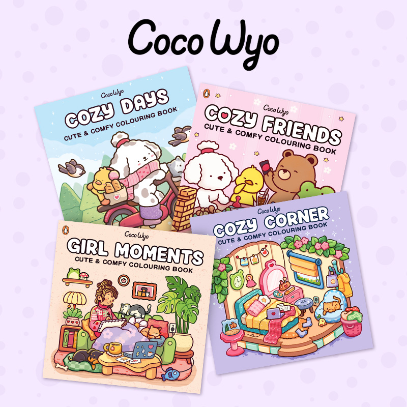 selection of colouring book son the purple background 