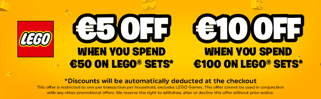 LEGO promotional banner on a bright yellow background offering €5 off when you spend €50 on LEGO sets and €10 off when you spend €100. Discounts are automatically deducted at checkout; terms and exclusions apply.