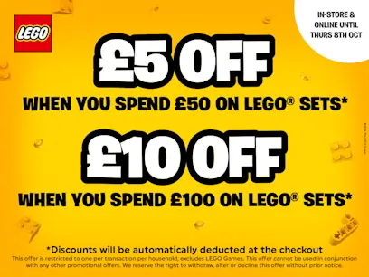 LEGO promotion spend and save on the yellow background 