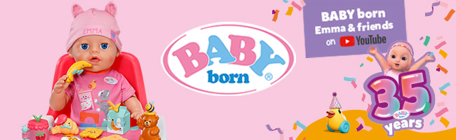 Pink BABY born banner featuring Emma doll with accessories, the BABY born logo, Emma & Friends on YouTube, and a colourful 35 years anniversary graphic.