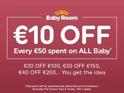 Baby 10 off every 50 spent on the red background 
