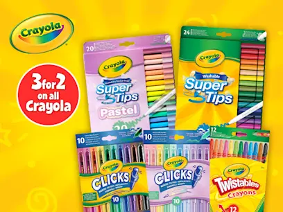 A selection of Crayola products on a yellow textured background.