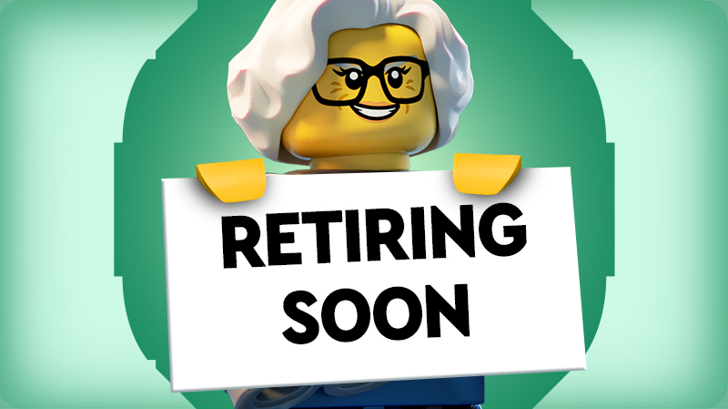 LEGO minifigure with white hair and glasses holds a sign reading “RETIRING SOON,” against a green background, promoting LEGO sets that are nearing retirement.