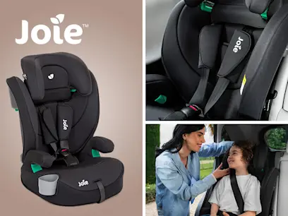 The Joie Elevate i-Size R129 Belt-Fitted Car Seat Shale displayed on a light brown background with two insert images of its features.