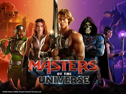 Five characters from the Masters of the Universe on a movie themed background.