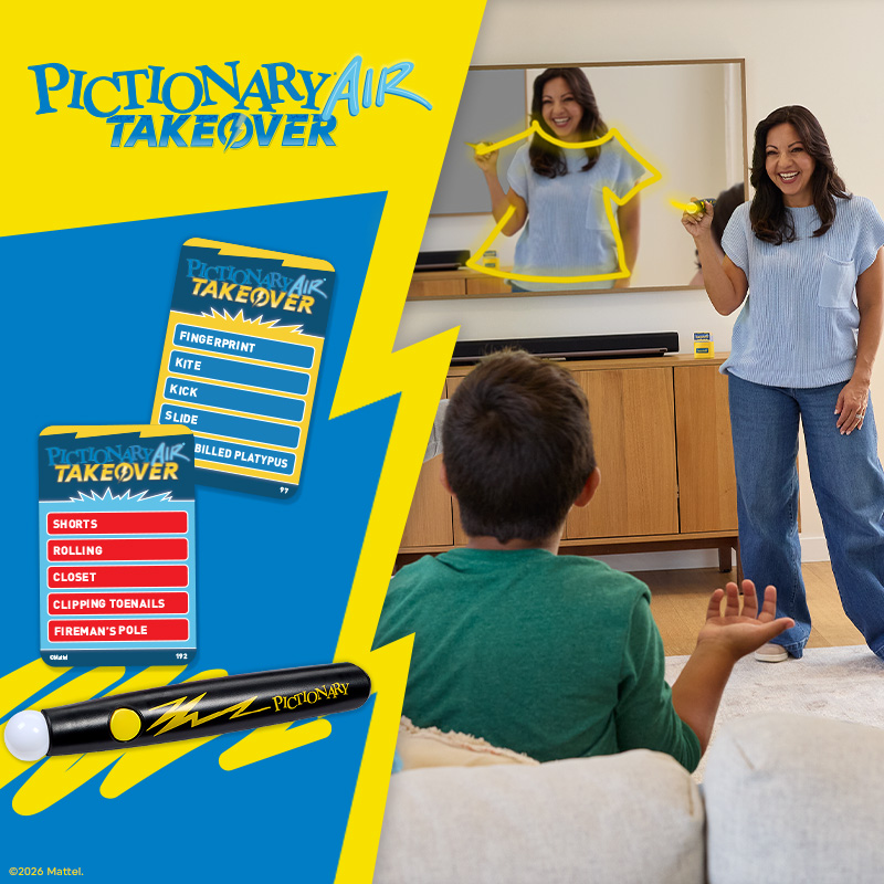 new Pictionary Air Takeover Game on the yellow and blue background