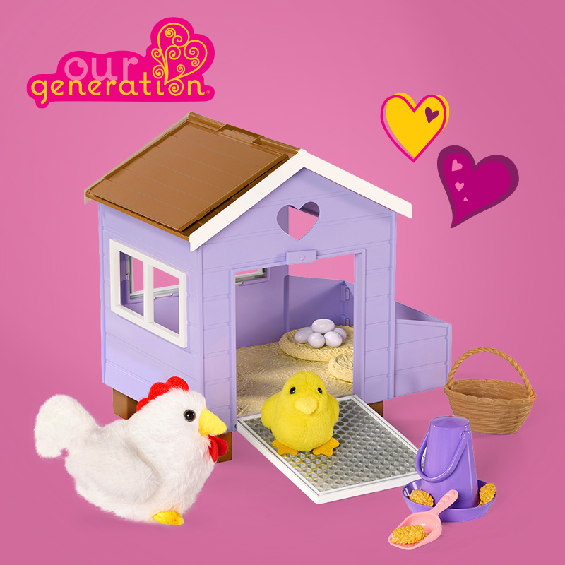  Our Generation Chicken Coop & Chickadee on the pink background 