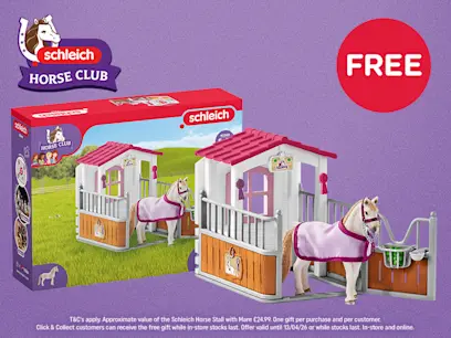 The schleich Horse Club 42368 Horse Stall with Lusitano Mare Set on a purple background.