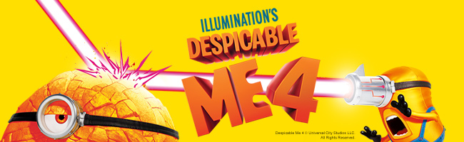 Minions Despicable Me 4 characters and logos on yellow background
