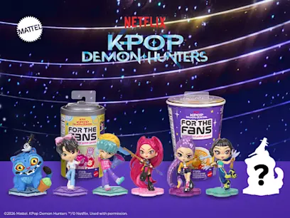A selection of KPop Demon Hunters Collectible Figures in a row on a purple and black background.