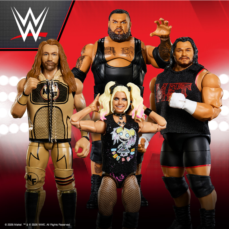 WWE action figures featuring four wrestling superstars pose together against a bold red arena backdrop, showcasing detailed outfits and dynamic stances. A striking promotional image for fans and collectors.