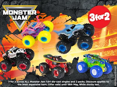A selection of Monster Jam 1:64 singles and 2 Packs on the yellow and black background 