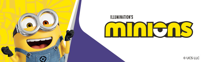 Minions character and logo on a yellow and white background