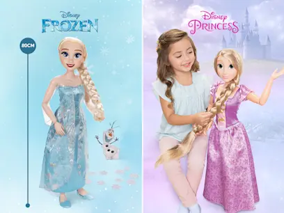 selection of Disney Princess dolls on the blue and purple background 