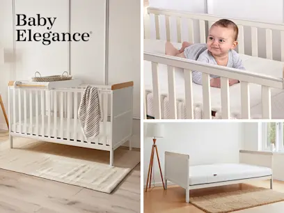 Two different variants of the Baby Elegance Haddington Cot Bed with Changing Unit Stone on the bedroom background.