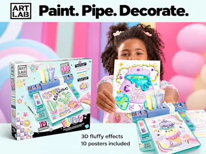 "Art Lab: Paint. Pipe. Decorate." product box with 3D fluffy paint effects and 10 posters included; girl holds up a decorated poster with puffy paint designs, surrounded by colorful artwork.