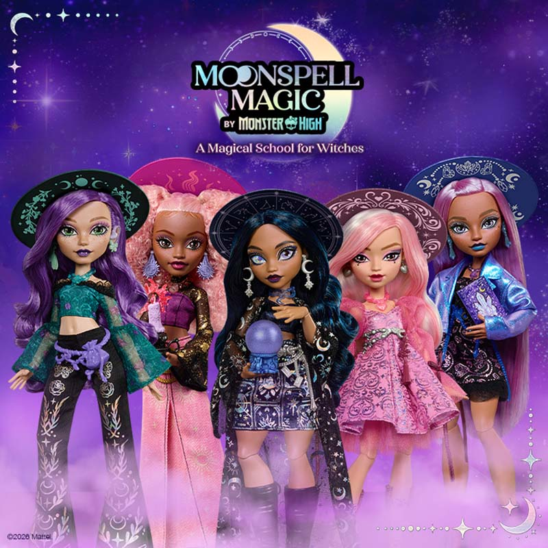 Moonspell Magic by Monster High promotional image featuring five fashion dolls in witch-themed outfits and hats, standing against a purple starry background with magical school branding and mystical accessories including a crystal ball