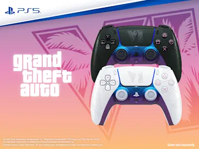PS5 promotional image showing two DualSense controllers, one black and purple and one white, against a pink-to-orange gradient background. GTA VI branding appears on the controllers, with PlayStation and “Game sold separately” text.