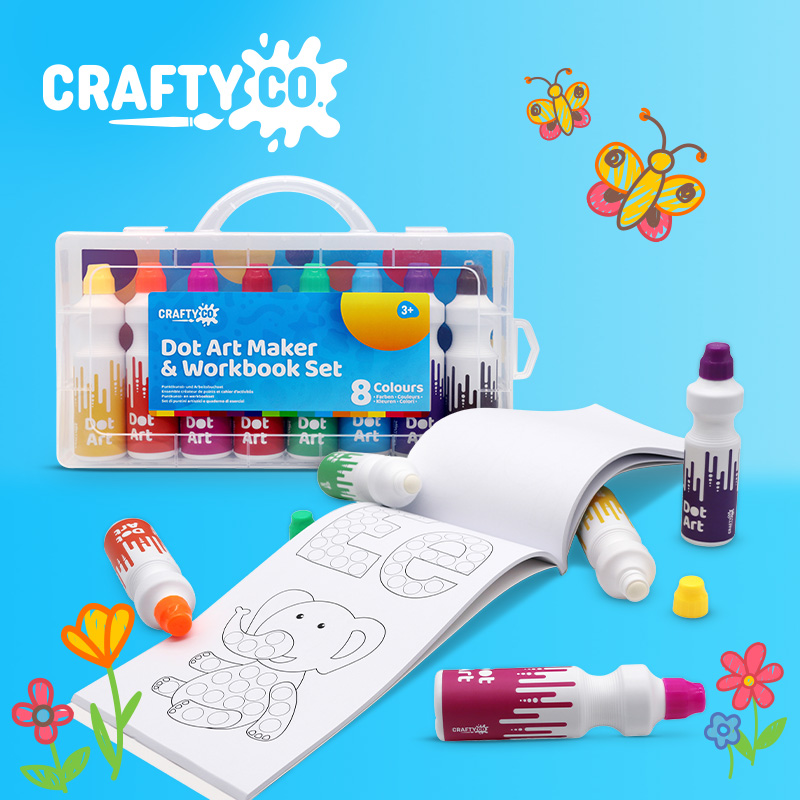 Crafty Co. Dot Art Marker Colouring Activity Workbook Set  on the blue background 