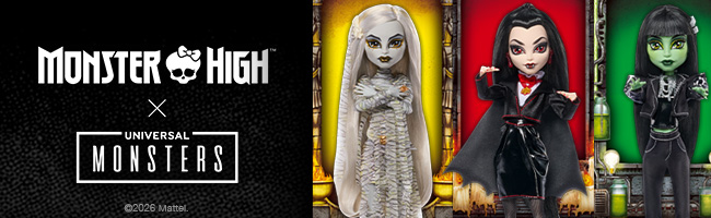 Three Monsters High X Universal Monsters dolls on a black background.
