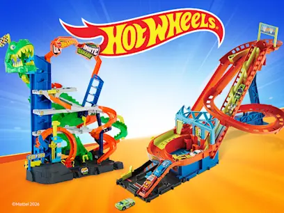 selection of Hot Wheels playsets on the blue and orange background 