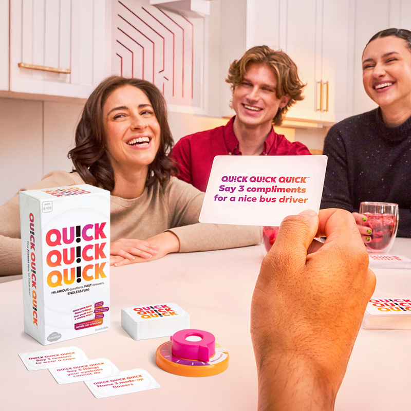 QU!CK QU!CK QU!CK is a hilarious party game packed with funny questions and fast answers. Challenge friends to think quickly, give compliments and complete entertaining tasks for a laugh-filled game night.