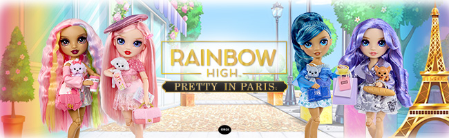 Rainbow High Pretty In Paris Dolls on a brightly coloured parisian themed background.