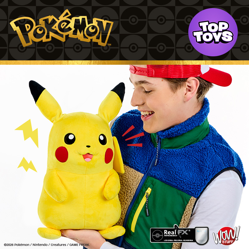 A kid holding and playing with the Pokémon Pikachu Puppetronic by RealFX Interactive Toy