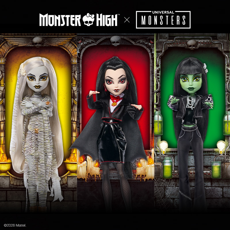 Monster High and Universal Monsters collaboration featuring three dolls inspired by classic monsters: a mummy-themed doll in white, a vampire-themed doll in black and red, and a green-skinned monster-themed doll in black.