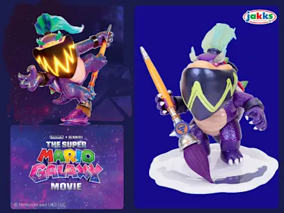 The Nintendo The Super Mario Galaxy Movie: Chomping Wonder Bowser Jr. Action Figure 20cm on a dark blue movie themed background.