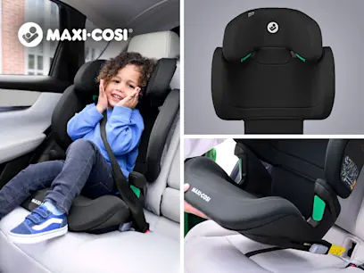 3 different variants of Maxi-Cosi RodiFix M i-Size ISOFix R129 High-Back Booster Seat Basic Black on the grey background