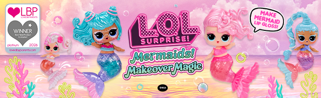 L.O.L. Surprise! Mermaids makeover magic dolls on a pink underwater scene.