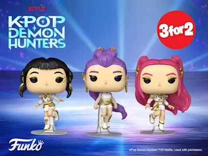 selection of 3 for 2 on K Pop Demon Hunters Funko Pop Series 2 on the blue background with 3 for 2 red decal 