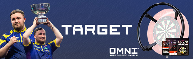 Luke Littler lifting trophy over Target brand