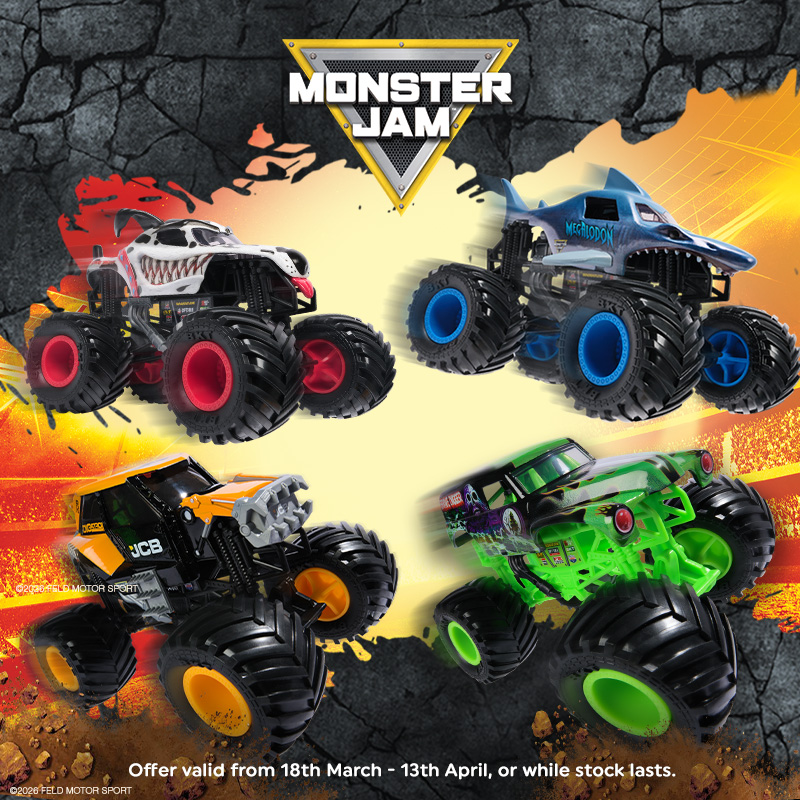 selection of  1:24 Monster Jam Single Trucks on the yellow and black background 