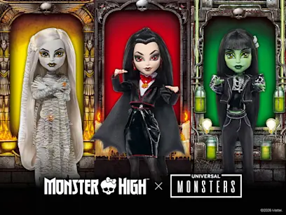 Three Monsters High X Universal Monsters dolls on a black background.
