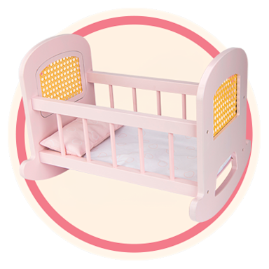 Ivy & Lily Furniture button with an image of the Ivy & Lily Wooden Baby Doll Rattan Cradle