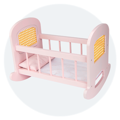 Ivy & Lily Furniture button with an image of the Ivy & Lily Wooden Baby Doll Rattan Cradle