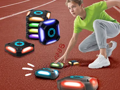 Promotional image for a Silverlit Active Pod toy, showing illuminated interactive pods in multiple colours on a running track, with a child demonstrating the toy.