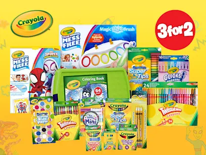 A selection of Crayola products on a yellow background.