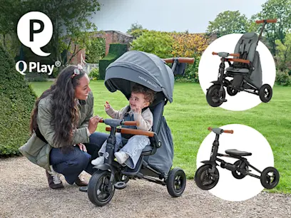 Mother smiling at toddler in a grey tricycle stroller in a garden. Two smaller images show the stroller's different features. Logo says "Q Play".