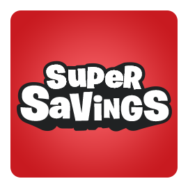 Super Savings logo on a red background