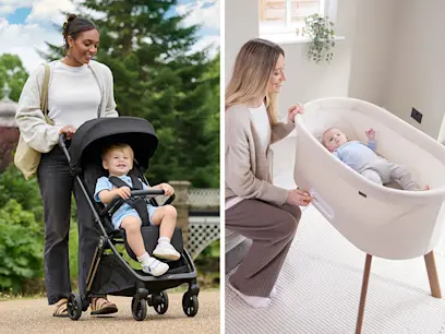 stroller and crib on the outdoor and indoor background baby essentials savings highlights 