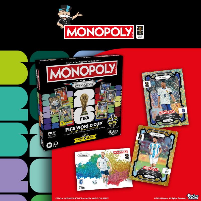 Monopoly Panini Prizm: FIFA World Cup Edition Board Game on the red and black background 