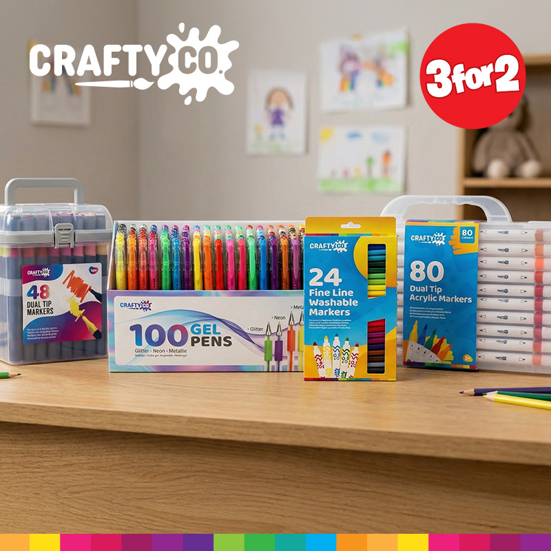 A selection of Crafty co colouring sets on a table in a bright room